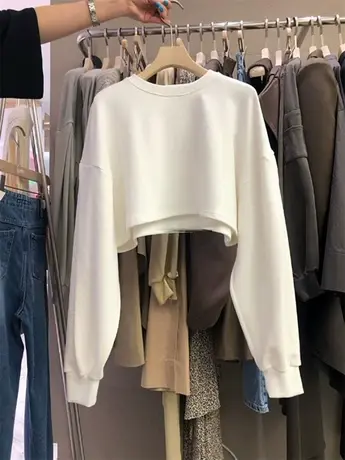 韩国东大门2023夏季新款百搭宽松显瘦圆领套头上衣短款长袖卫衣女商品大图