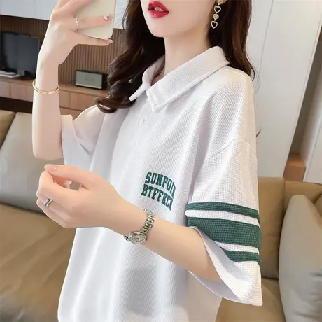 小众设计感短袖t恤女夏装韩版宽松大码中长款撞色翻领polo衫上衣图片