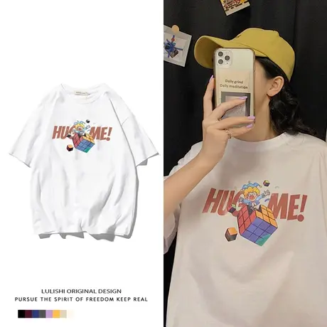 欧美短袖t恤女宽松ins潮美式复古2021纯棉超大码女装炸街胖MM上衣商品大图