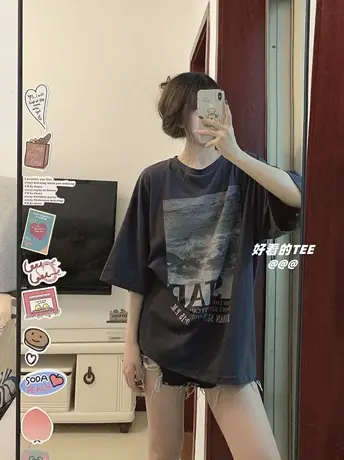 国潮t恤女夏灰色设计感oversize宽松大码情侣短袖ins显瘦正肩上衣商品大图