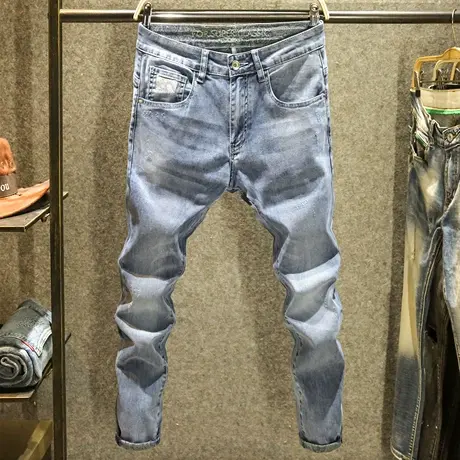 蓝色夏季薄款牛仔裤男修身小脚弹力休闲长裤韩版潮流男装百搭裤子商品大图
