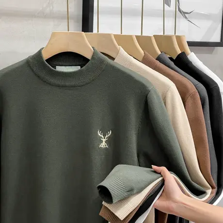 加绒男士毛衣半高领秋冬季百搭刺绣针织打底衫中领毛线衣潮流男装商品大图