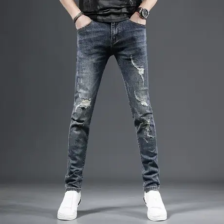 2023新款春季牛仔裤男款破洞蓝色潮流补丁男士牛仔长裤修身小直筒商品大图
