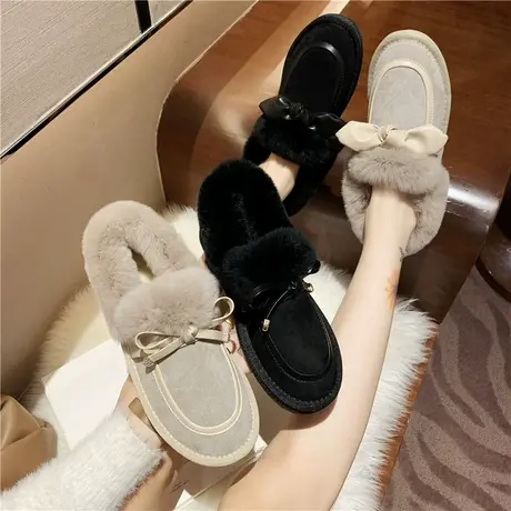雪地靴女冬2024新款百搭加绒厚底一脚蹬蝴蝶结毛毛鞋保暖防滑棉鞋图片