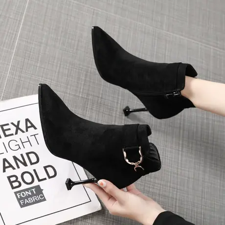 黑色短靴女2023秋冬季新款尖头高跟鞋百搭气质细跟裸靴短筒瘦瘦靴商品大图