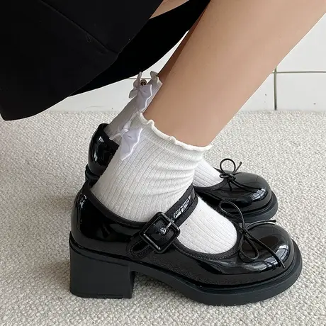 法式高跟一字扣玛丽珍鞋女2023春新款蝴蝶结粉色圆头英伦风小皮鞋商品大图