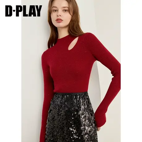 DPLAY设计感镂空红色修身半高领细闪亮片羊毛混纺针织打底衫商品大图