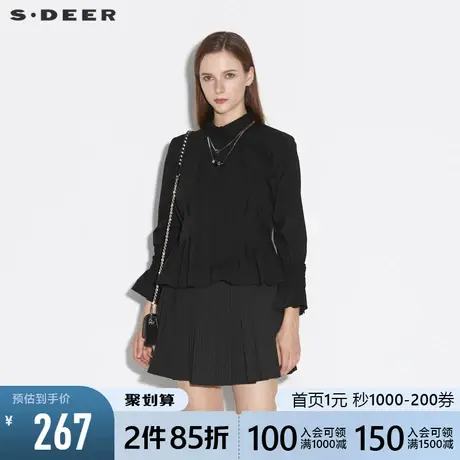 sdeer圣迪奥女女装春秋装复古翻领抽褶不规则长袖衬衫S21360517图片
