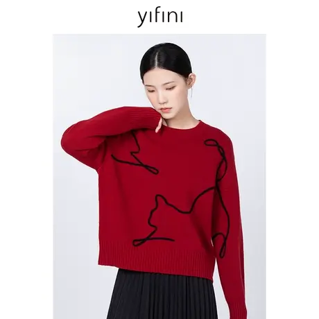 Yifini/易菲100%绵羊毛圆领宽松毛衫冬季新款百搭针织衫时尚毛衣商品大图