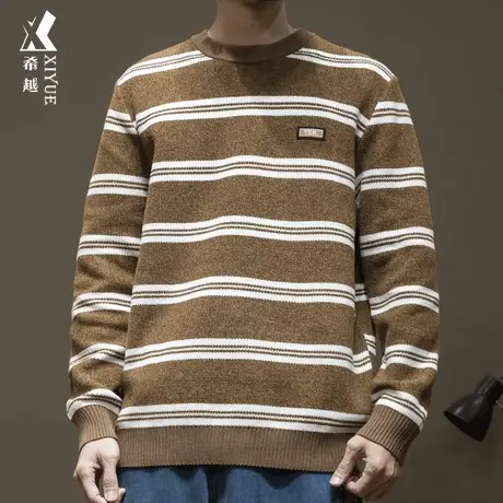 12针雪尼尔条纹毛衣男秋冬季日系保暖针织衫宽松大码男士圆领上衣商品大图