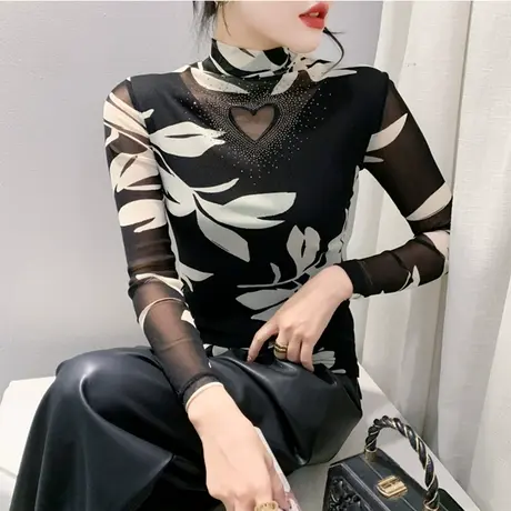 性感网纱半高领打底衫女长袖印花烫钻时尚气质内塔上衣修身T恤ins商品大图