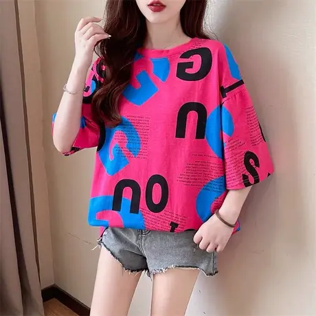 2024年新款春夏季韩版宽松中长款红色字母百搭上衣ins短袖t恤女装图片