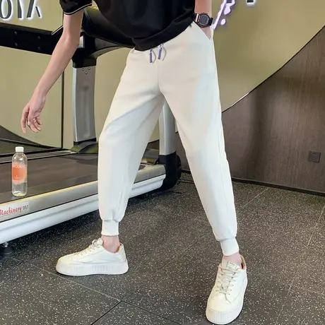 春秋季纯色卫裤2023新款男裤痞帅小脚裤子松紧潮牌潮流运动休闲裤商品大图