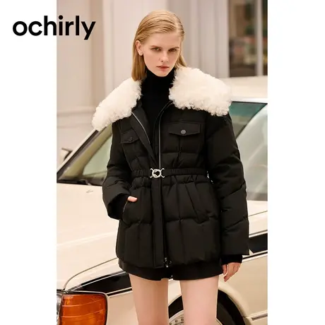 羊毛皮毛领 高比例羽绒外套女格雷系 欧时力 23新款秋冬配腰带图片