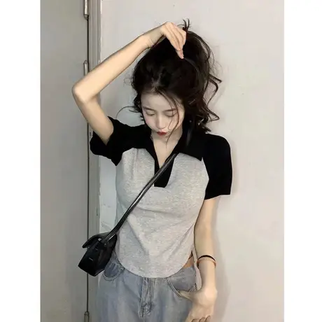 polo领正肩短袖t恤女夏季紧身高腰短款上衣收腰小香风显瘦打底衫商品大图