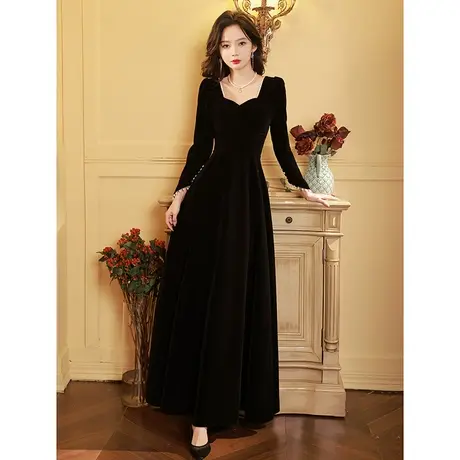 黑色晚礼服2023新款年会宴会气质高级感丝绒冬季长袖高端声乐艺考商品大图