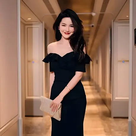 生日派对名媛风黑色宴会小礼服平时可穿气质轻奢一字肩鱼尾连衣裙图片