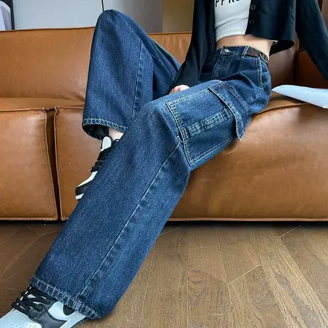 美式阔腿工装牛仔裤女2025新款春秋季高腰宽松显瘦梨型身材拖地裤商品大图