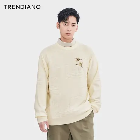 TRENDIANO新中式仙鹤提花毛衣2024年春季新款宽松休闲圆领毛织衫商品大图