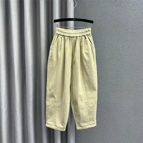 欧货哈伦裤女2024春季新款卡其色松紧腰设计感时尚百搭牛仔九分裤图片