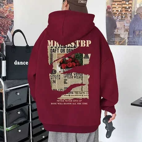 酒红色纯棉连帽卫衣男春秋季2023新款玫瑰印花情侣款潮流套头帽衫商品大图