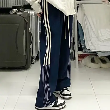 设计感阔腿休闲运动裤女早春2024新款韩版宽松高腰bf风条纹长裤子商品大图
