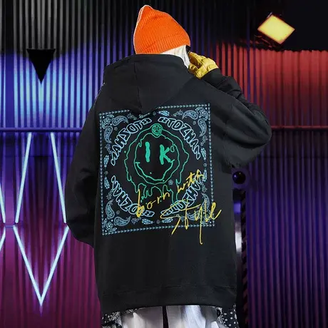 腰果花笑脸连帽卫衣男生宽松欧美嘻哈国潮2021新款春秋季潮牌情侣商品大图