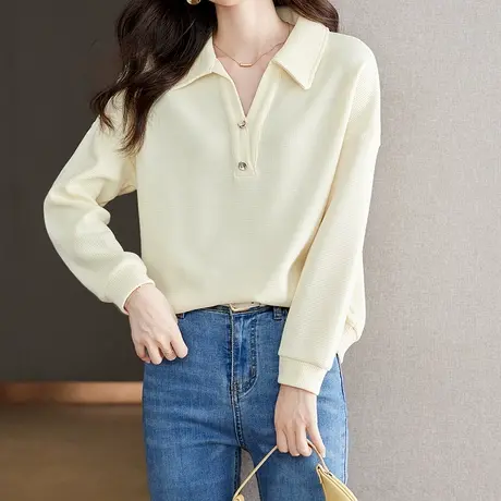 韩潮袭人宽松休闲POLO领长袖卫衣简约时尚百搭套头上衣图片