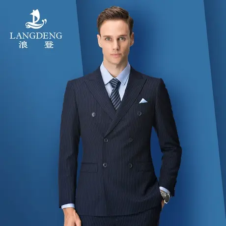 浪登双排扣西服男套装英伦风条纹休闲结婚新郎士礼服婚礼西装正装商品大图