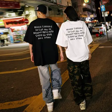 加肥加大情侣装短袖大码宽松潮流胖子国潮情侣字母T恤男女同款潮图片