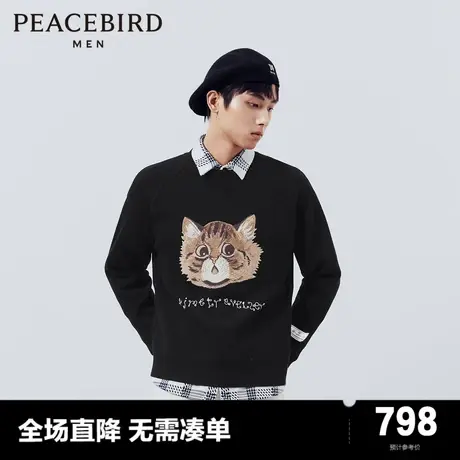 【商场同款】太平鸟男装 黑色毛衣男满底绣花宽松毛套衫B1EBE1223商品大图