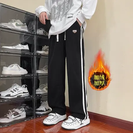 秋冬裤子男2023新款美式条纹卫裤男生直筒休闲长裤工装加绒运动裤商品大图