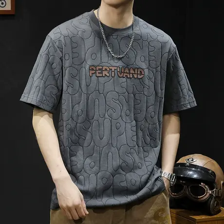 提花潮牌短袖t恤男士宽松大码夏季2024新款半袖男款重磅男装体恤图片