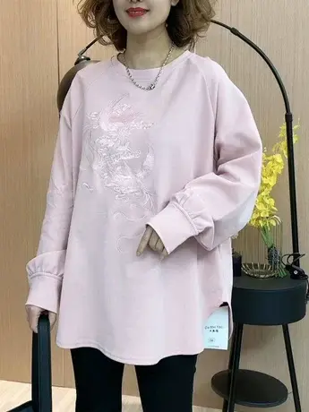 重工刺绣中长款T恤女春季长袖2024新款宽松打底衫新中式国风上衣商品大图