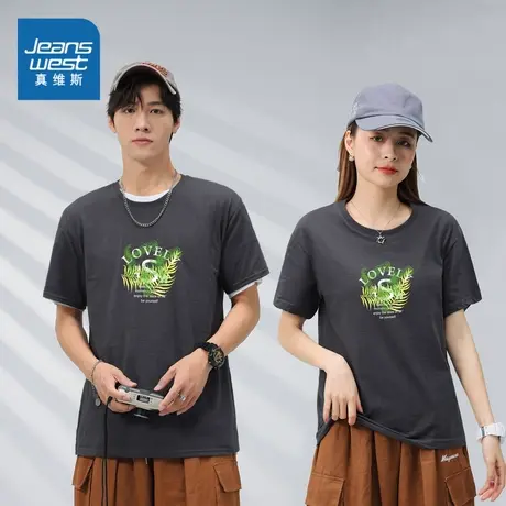 LEP真维斯情侣T恤2024夏季新款潮流体恤上衣女小众印花圆领短袖商品大图