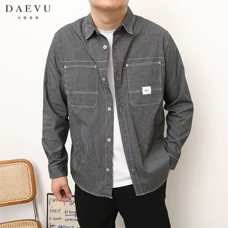 秋季新款条纹韩版潮胖子大号加肥加大码男士长袖休闲衬衫衬衣商品大图