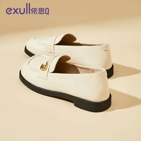 依思q白色乐福鞋女新款2024春秋浅口平底方头单鞋一脚蹬春秋女鞋商品大图