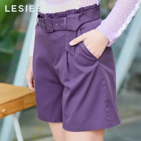 蓝色倾情春秋季女装新款 洋气紫色短裤女高腰系带棉质裤子直筒裤商品大图