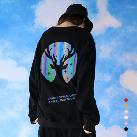 卫衣女秋冬ins潮牌宽松圆领情侣装反光小鹿圣诞图案工作班服定制图片