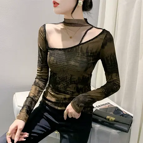 设计感镂空钉珠烫钻上衣性感网纱印花拼接T恤女长袖洋气修身小衫商品大图