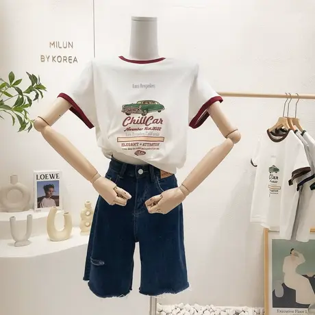 韩国东大门短款高腰上衣2022夏季新款复古汽车字母印花撞色T恤潮图片