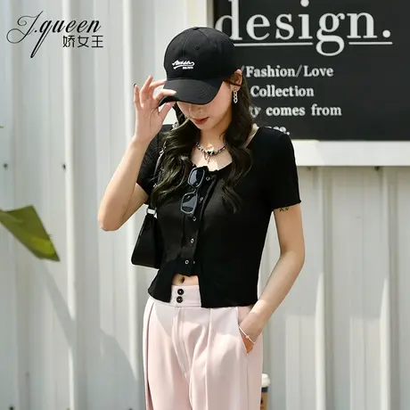 黑色短袖T恤女夏季新款修身显瘦小众设计感修身短款露脐上衣潮商品大图