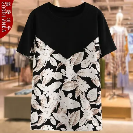 大码中年胖妈妈夏装上衣2023新款宽松洋气印花拼接纯棉短袖T恤女商品大图