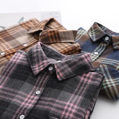 2020秋新款韩版宽松格子衬衫女长袖复古港味百搭休闲打底衬衫外套商品大图