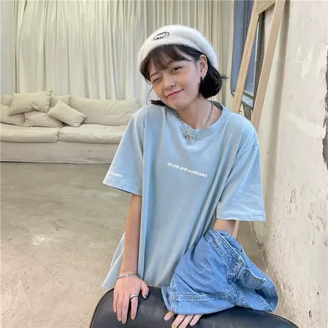 盐系少女2023新款夏装韩版字母宽松百搭休闲圆领纯棉T恤短袖ins商品大图