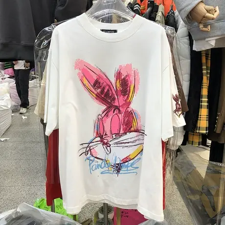 2023早春韩版涂鸦兔子印花设计感小众刺绣圆领T恤短袖女宽松上衣商品大图