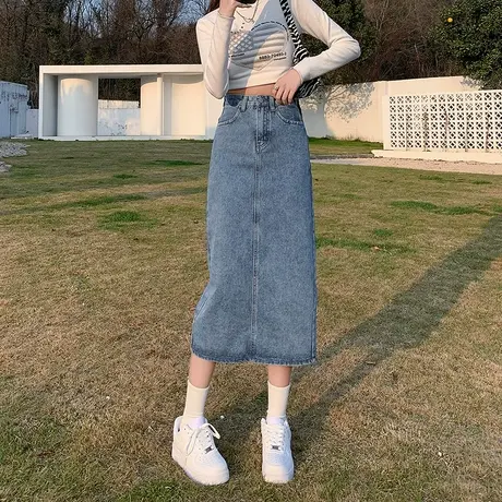 开叉半身裙女夏中长款后腰可调节小个子高腰显瘦包臀a字牛仔长裙图片