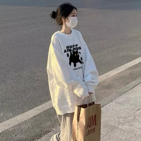 美式复古设计感小众卫衣女ins潮牌新款秋冬加绒加厚宽松大码上衣图片