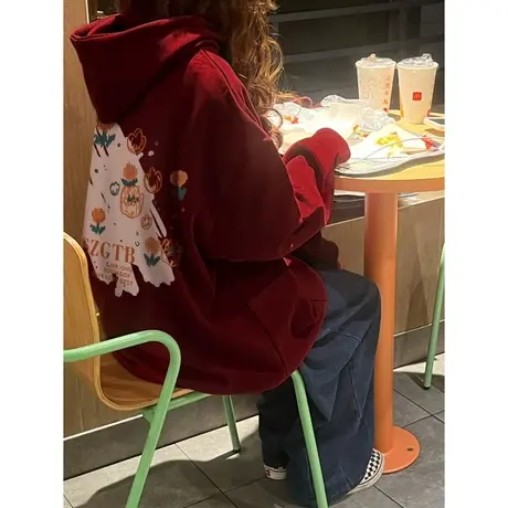 美式hiphop连帽酒红色卫衣女春秋薄款2023新款宽松设计感潮牌外套商品大图