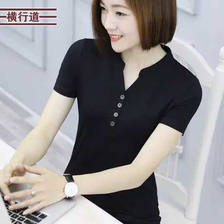 2023夏季新款立领短袖t恤内搭女纯色打底衫女装黑色上衣v领半袖商品大图